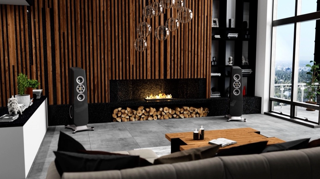 Two ELAC Concentro M 807 floorstanding speakers set up with slight toe-in in a home listening room